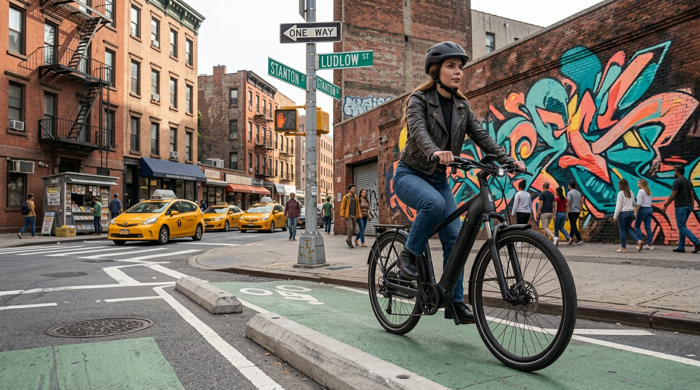 AI-created lifestyle illustration; not a manufacturer product photograph AI-created NYC-inspired illustration of a helmeted pedal-assist rider beside vivid graffiti, yellow taxis and Ludlow Street intersection signs