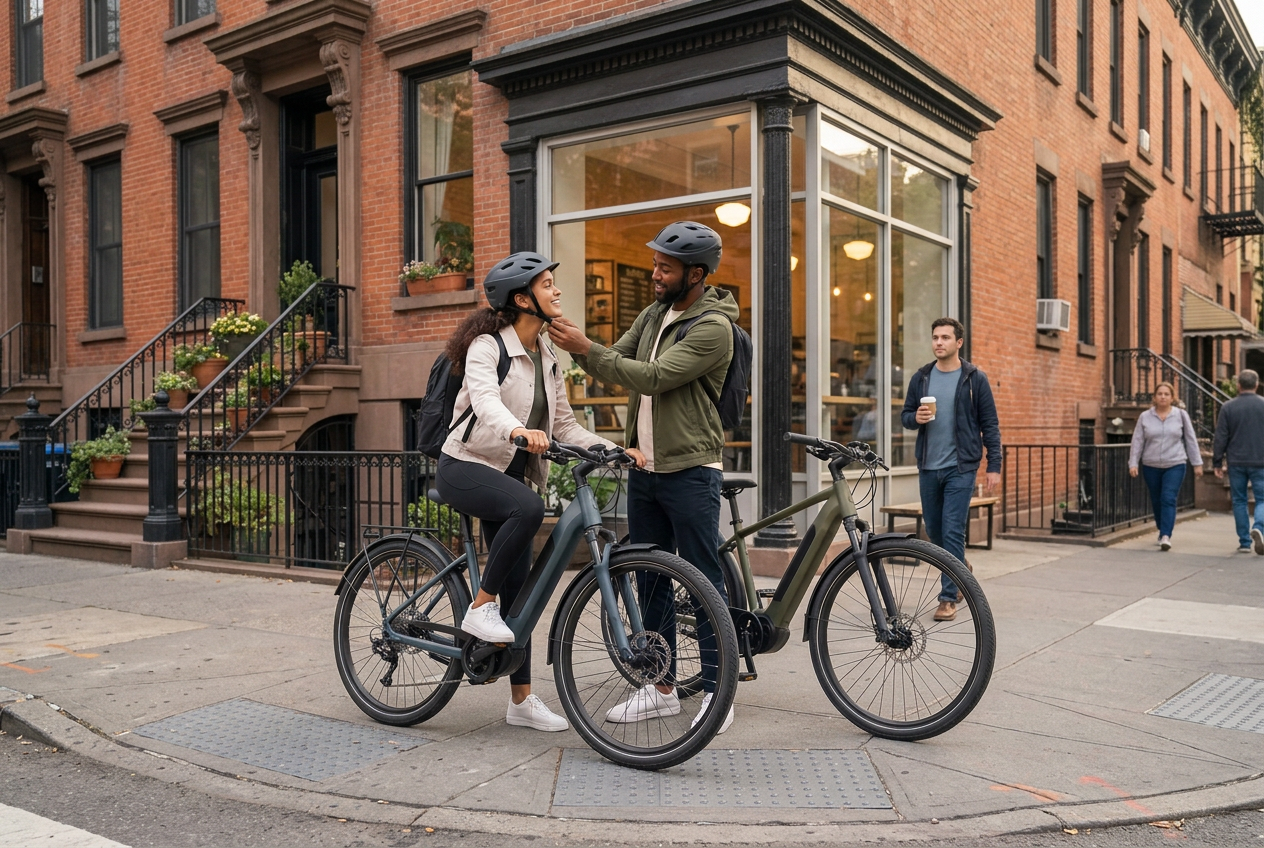 AI-created lifestyle illustration; not a manufacturer product photograph AI-created city lifestyle illustration of friends checking a helmet before their ride outside a Brooklyn coffee shop