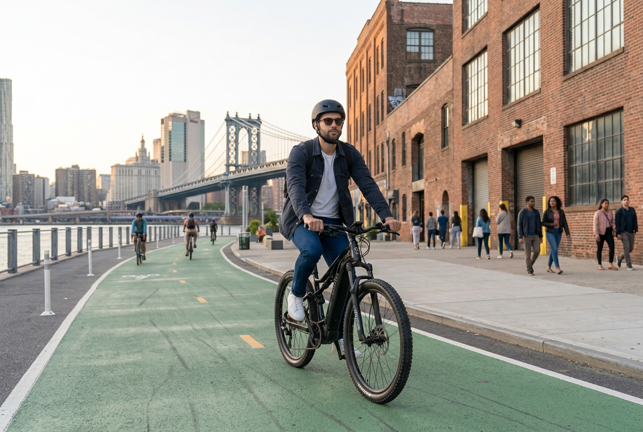 AI-created lifestyle illustration; not a manufacturer product photograph AI-created city lifestyle illustration of a helmeted pedal-assist rider on a waterfront bicycle lane with the Manhattan Bridge beyond