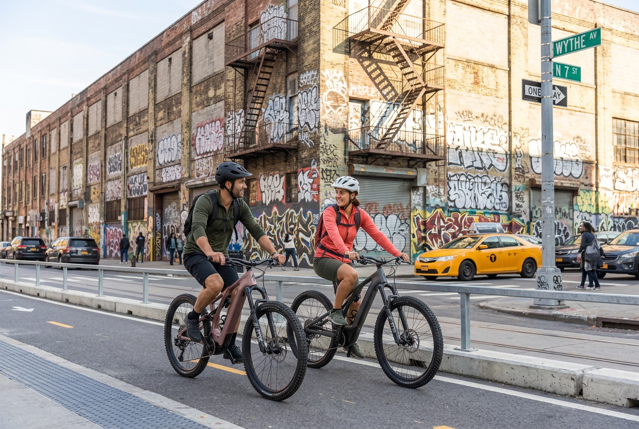 AI-created lifestyle illustration; not a manufacturer product photograph AI-created city lifestyle illustration of helmeted pedal-assist riders beside New York street art and intersection signs; not a specific model photograph